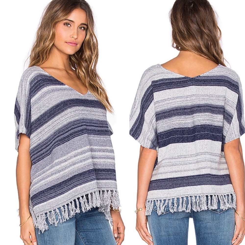 Soft Joie Olynn Blue Stripe Poncho V- Neck Fringe Sweater Size Small